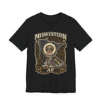 Family Friendly Midwestern AF Minnesota T-Shirt in Black – distressed Minnesota state flag design with pine trees, loon and walleye