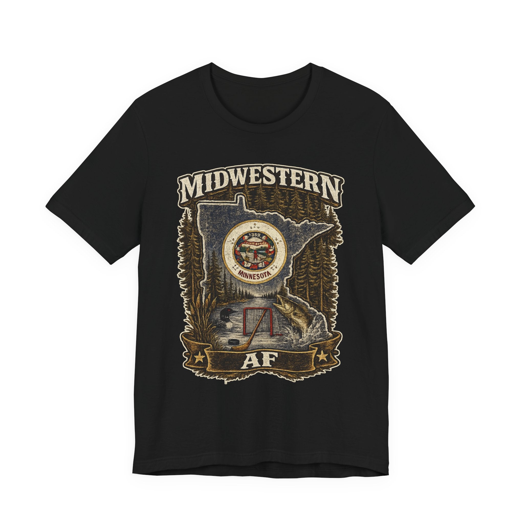 Family Friendly Midwestern AF Minnesota T-Shirt in Black – distressed Minnesota state flag design with pine trees, loon and walleye