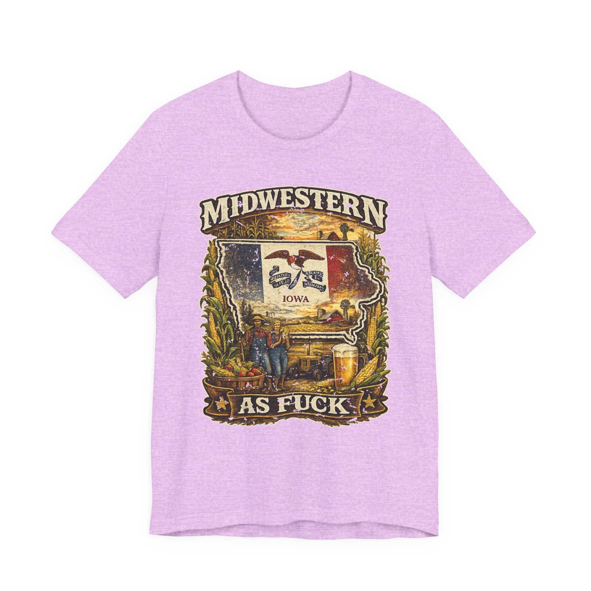 Midwestern As Fuck Iowa T-Shirt in Heather Prism Lilac – a distressed vintage design featuring the outline of Iowa overlaid with the Iowa state flag, surrounded by towering corn stalks, rolling farmland, a classic red barn, a windmill, a tractor, and an overflowing harvest basket