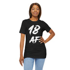 Woman with hand on hip wearing the black 18 AF birthday tee