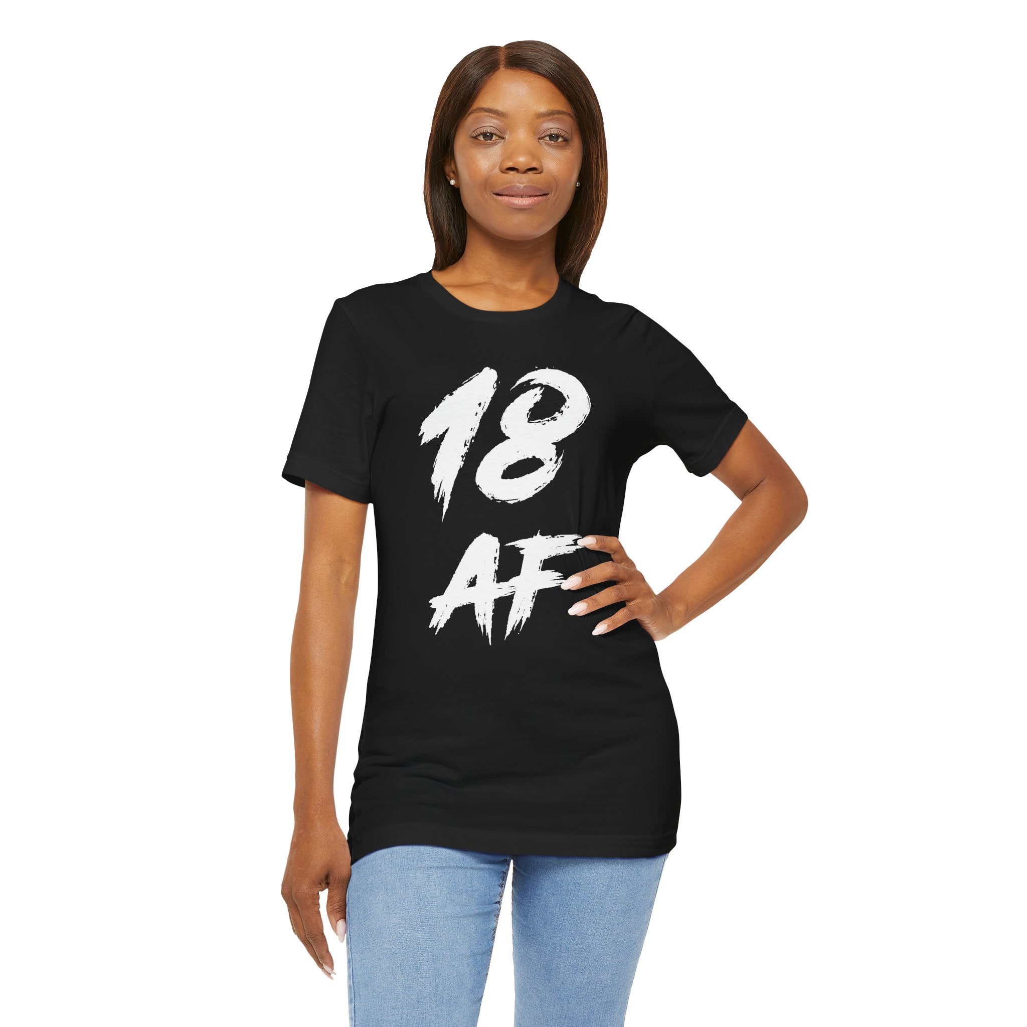 Woman with hand on hip wearing the black 18 AF birthday tee