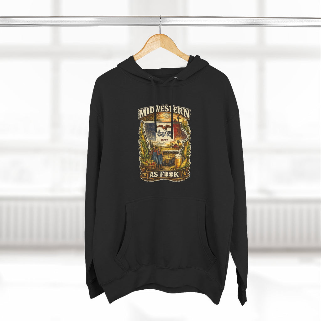 Slightly Salty Midwestern As F**K Iowa Hoodie – product photo 5 featuring a distressed vintage design featuring the outline of Iowa overlaid with the Iowa state flag, surrounded by towering corn stalks, rolling farmland, a classic red barn, a windmill, a tractor, and an overflowing harvest basket