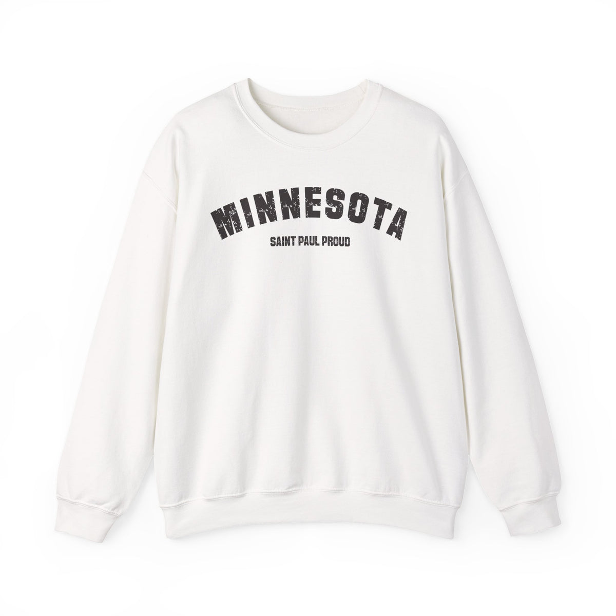 Personalized Minnesota sweatshirt in white, laid flat, varsity MINNESOTA over a custom SAINT PAUL PROUD line
