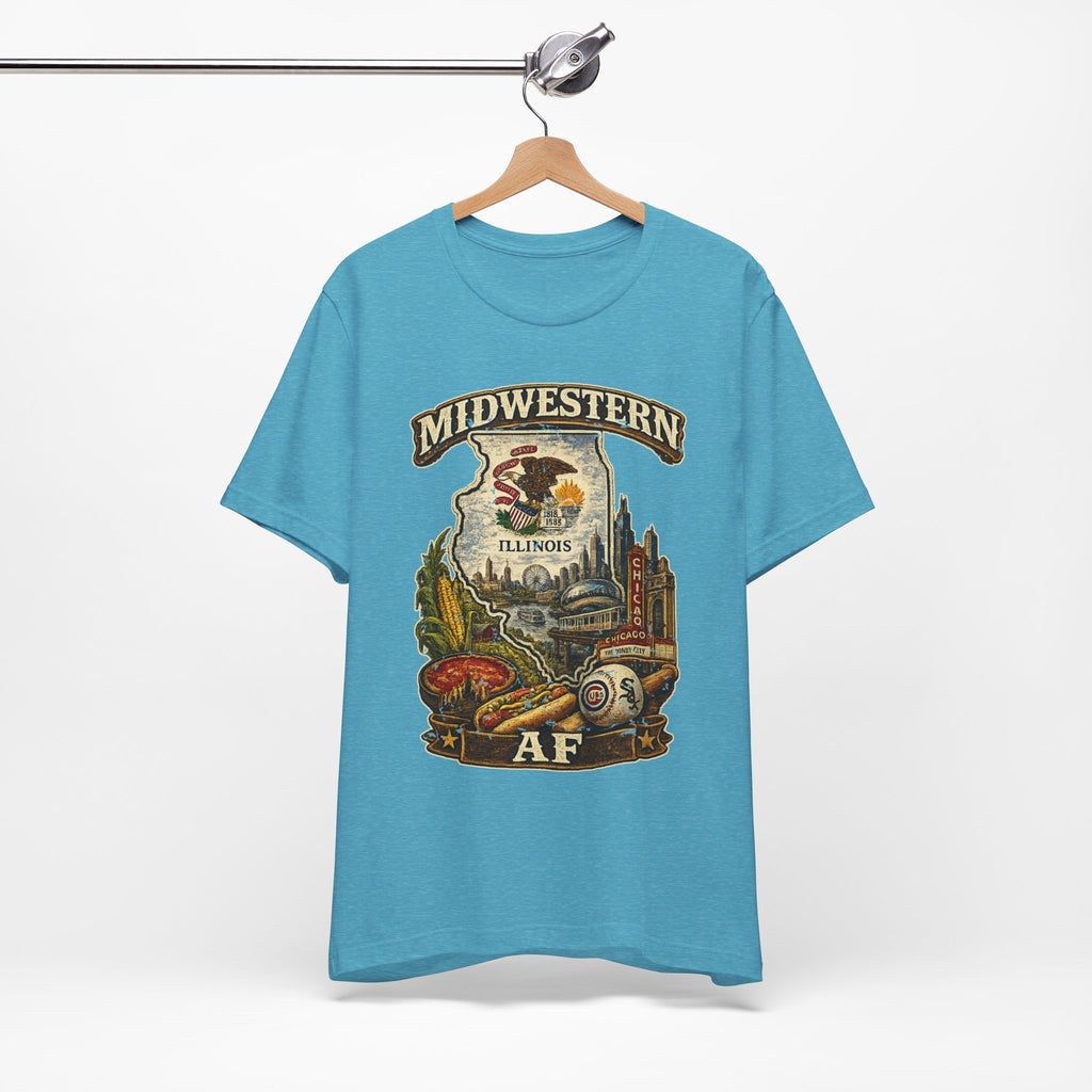 Family Friendly Midwestern AF Illinois T-Shirt – product photo 11 featuring a distressed vintage design featuring the Illinois state outline overlaid with the state flag, surrounded by the Chicago skyline, the Chicago Theatre sign, The Bean, deep-dish pizza, a Chicago-style hot dog, and towering corn fields
