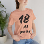 Woman by a houseplant in the Heather Peach tee, black 18 AS F**K print