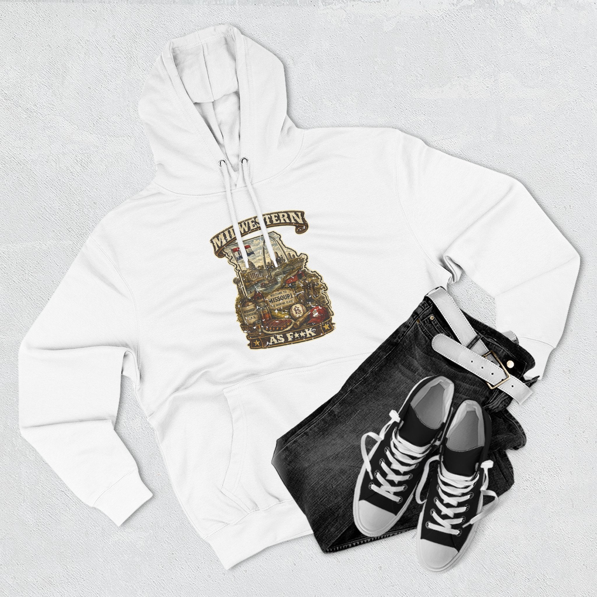 White Missouri Midwestern As F**K hoodie styled flat lay with black jeans and sneakers