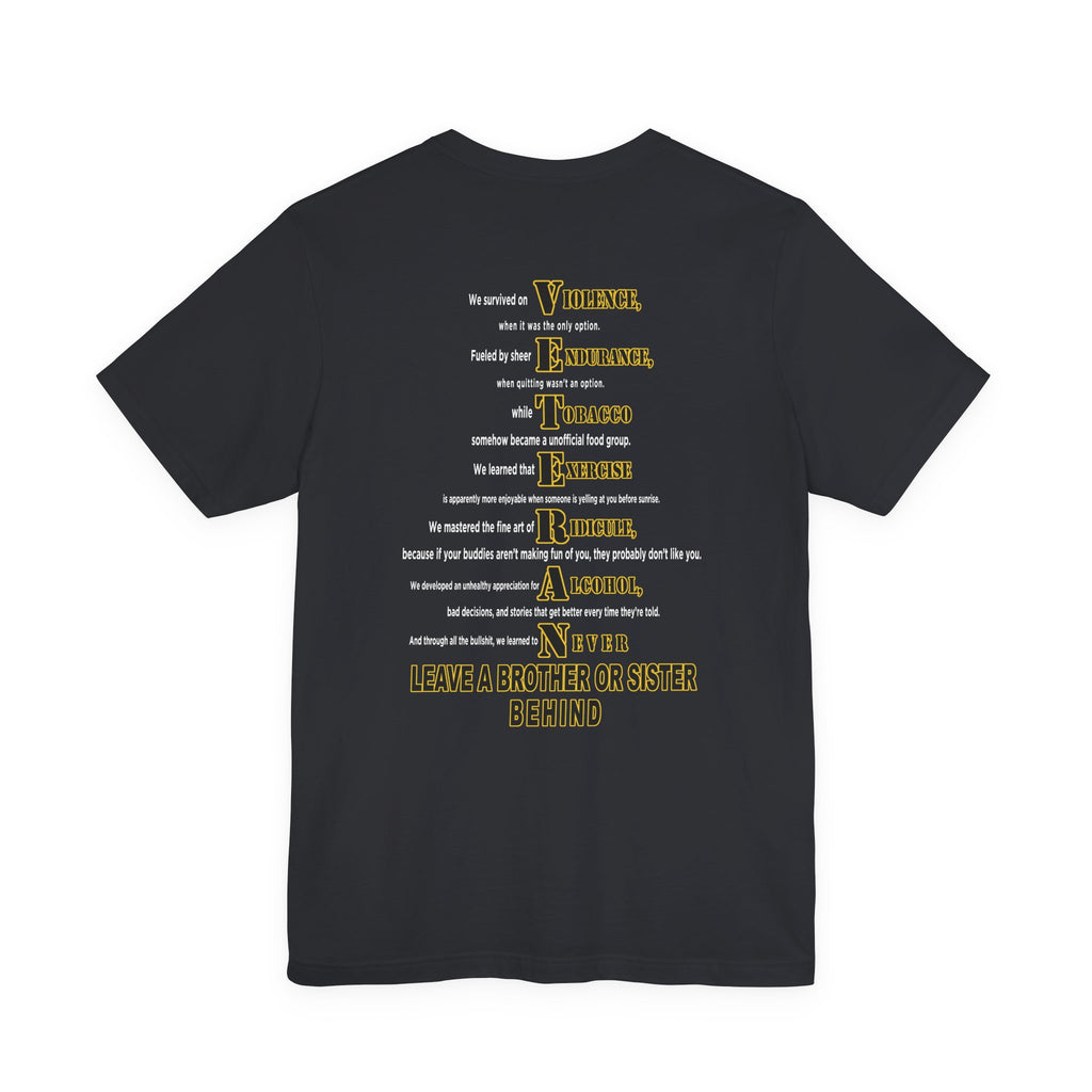 Army veteran T-shirt in Vintage Black showing the VETERAN acrostic back print in gold
