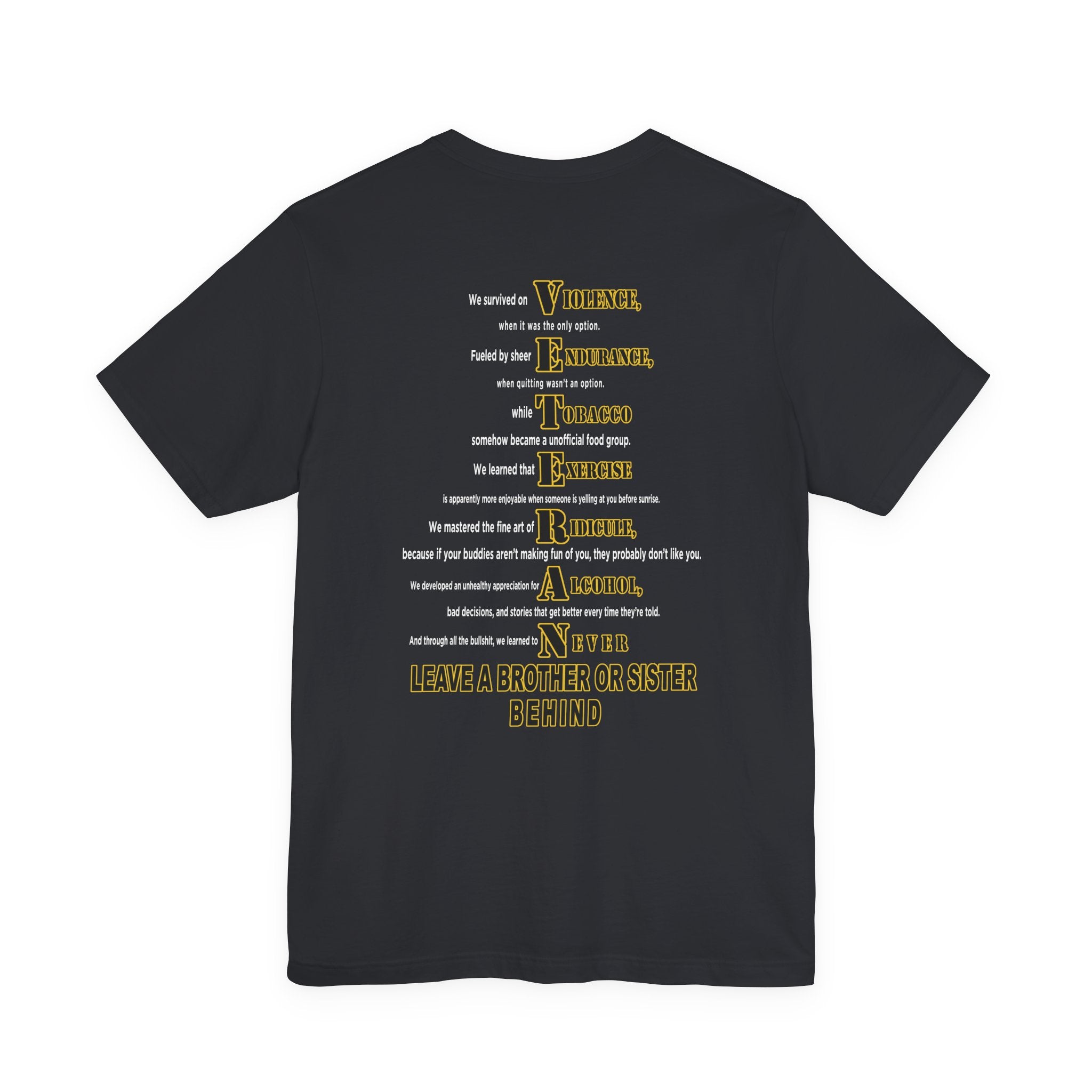 Army veteran T-shirt in Vintage Black showing the VETERAN acrostic back print in gold