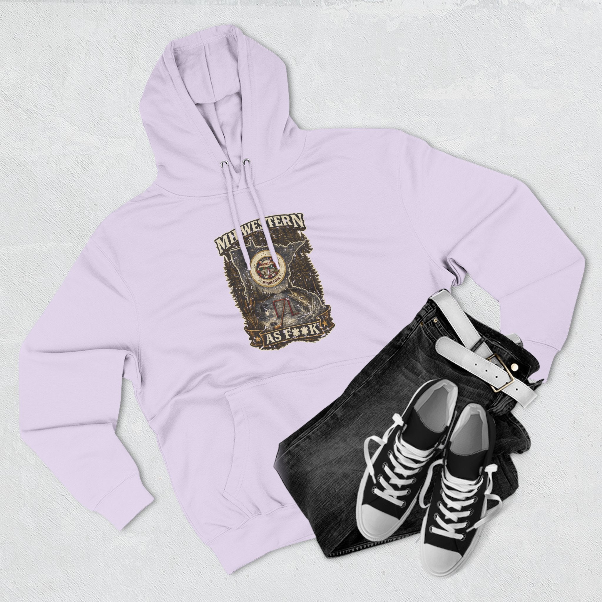 Slightly Salty Midwestern As F**K Minnesota Hoodie – product photo 21 featuring the distressed state flag, pine trees, loon and walleye design