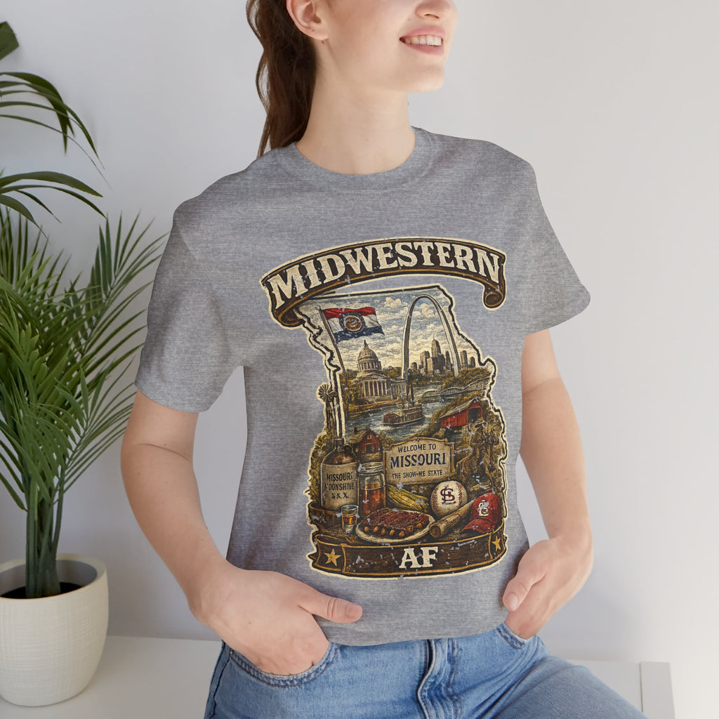 Close-up of woman wearing athletic heather grey Missouri Midwestern AF t-shirt, vintage Show-Me State graphic with Gateway Arch