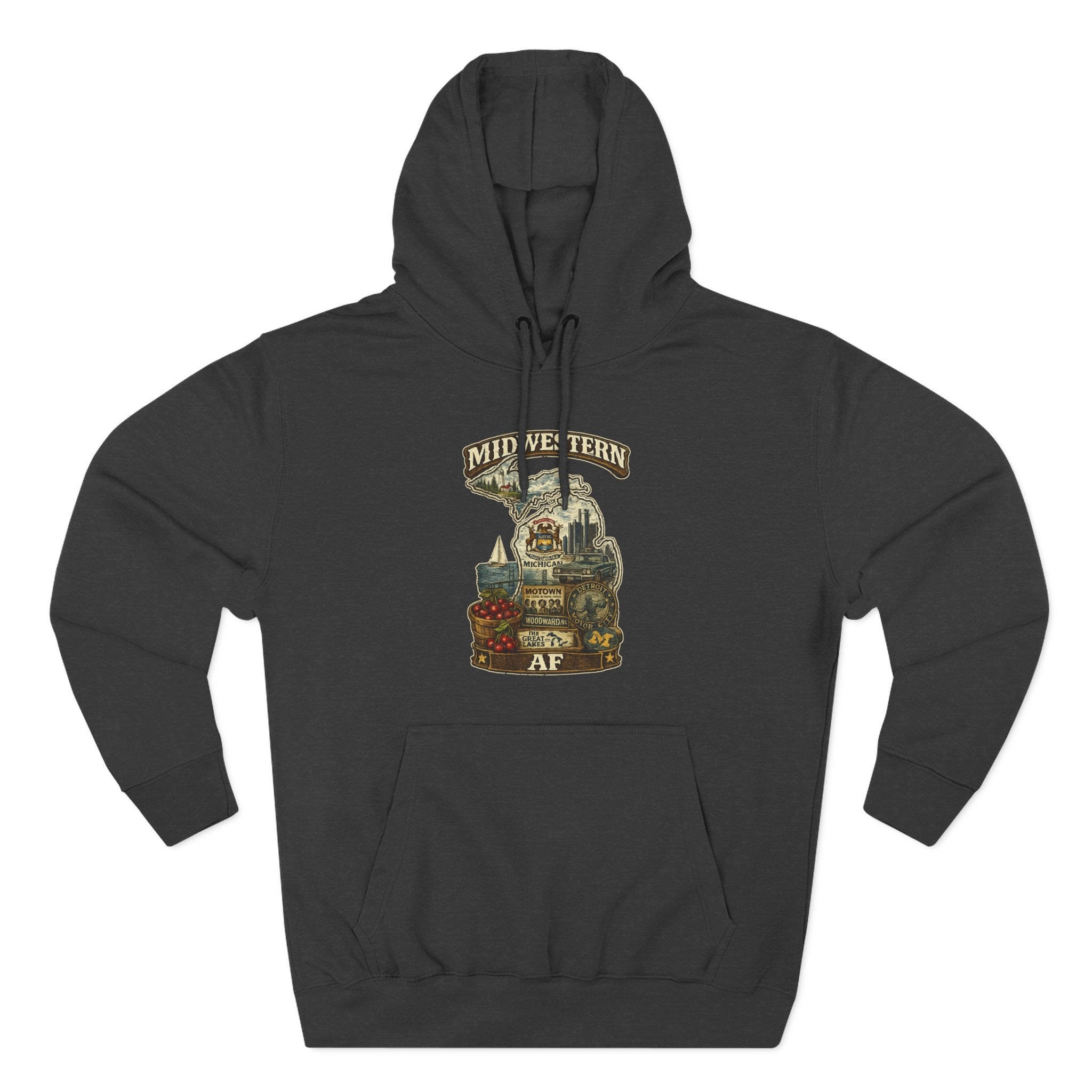 Family Friendly Midwestern AF Michigan Hoodie in Charcoal Heather – a distressed vintage design featuring Michigan's Upper and Lower Peninsulas overlaid with the state outline, surrounded by Detroit's skyline, Woodward Avenue, the Great Lakes, and Traverse City cherries