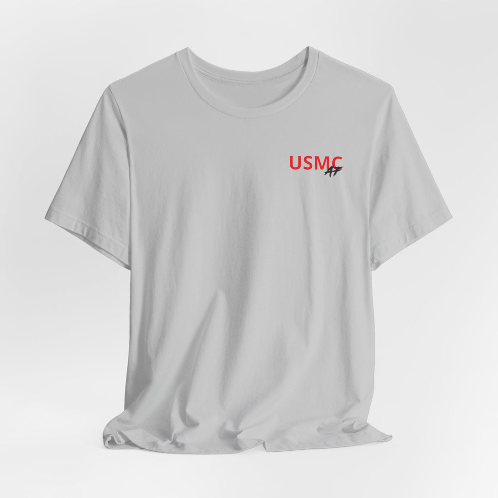 Marine Corps veteran T-shirt in Solid Athletic Grey shown draped with the USMC AF chest print