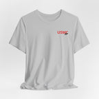 Marine Corps veteran T-shirt in Solid Athletic Grey shown draped with the USMC AF chest print