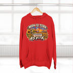 Red Kansas As F**K hoodie hanging on a wooden hanger, front print facing out