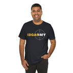Smiling man wearing the IDGAF Army tee in dark charcoal, gold and white front print