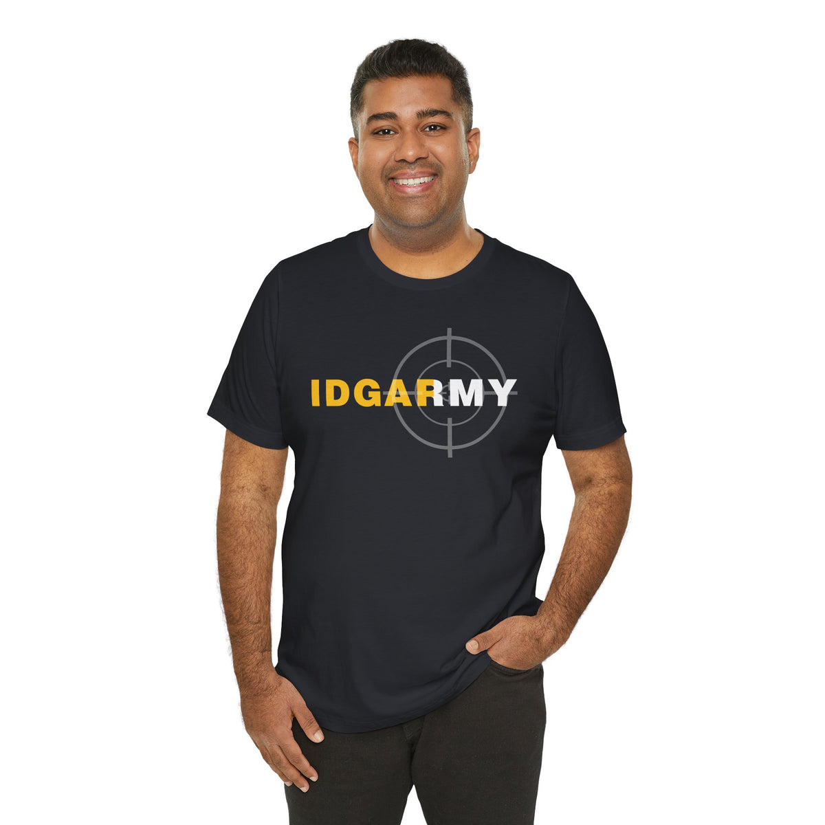 Smiling man wearing the IDGAF Army tee in dark charcoal, gold and white front print