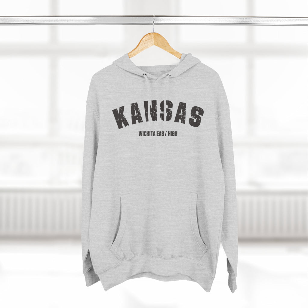 Heather grey personalized Kansas hoodie on a hanger, varsity KANSAS above a WICHITA EAST HIGH line