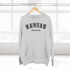 Heather grey personalized Kansas hoodie on a hanger, varsity KANSAS above a WICHITA EAST HIGH line