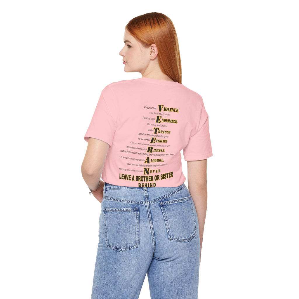 Woman wearing the Army veteran T-shirt in Pink, back view showing the VETERAN acrostic print