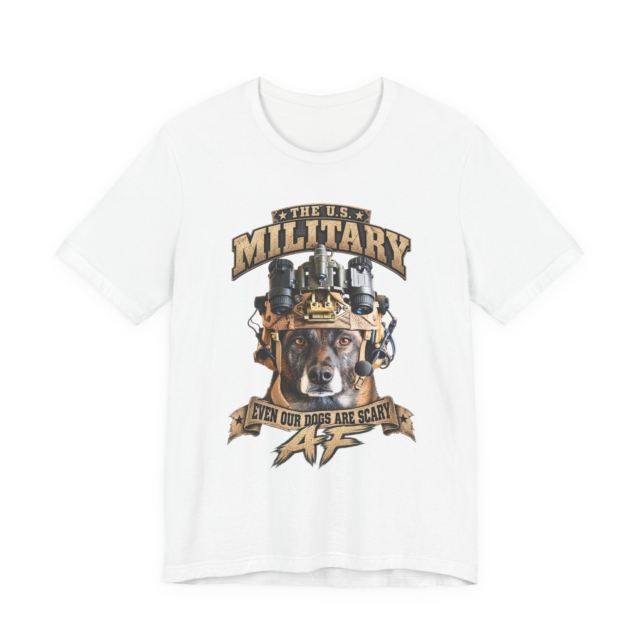 Military K-9 T-shirt in White laid flat with the tan and gold working dog front print
