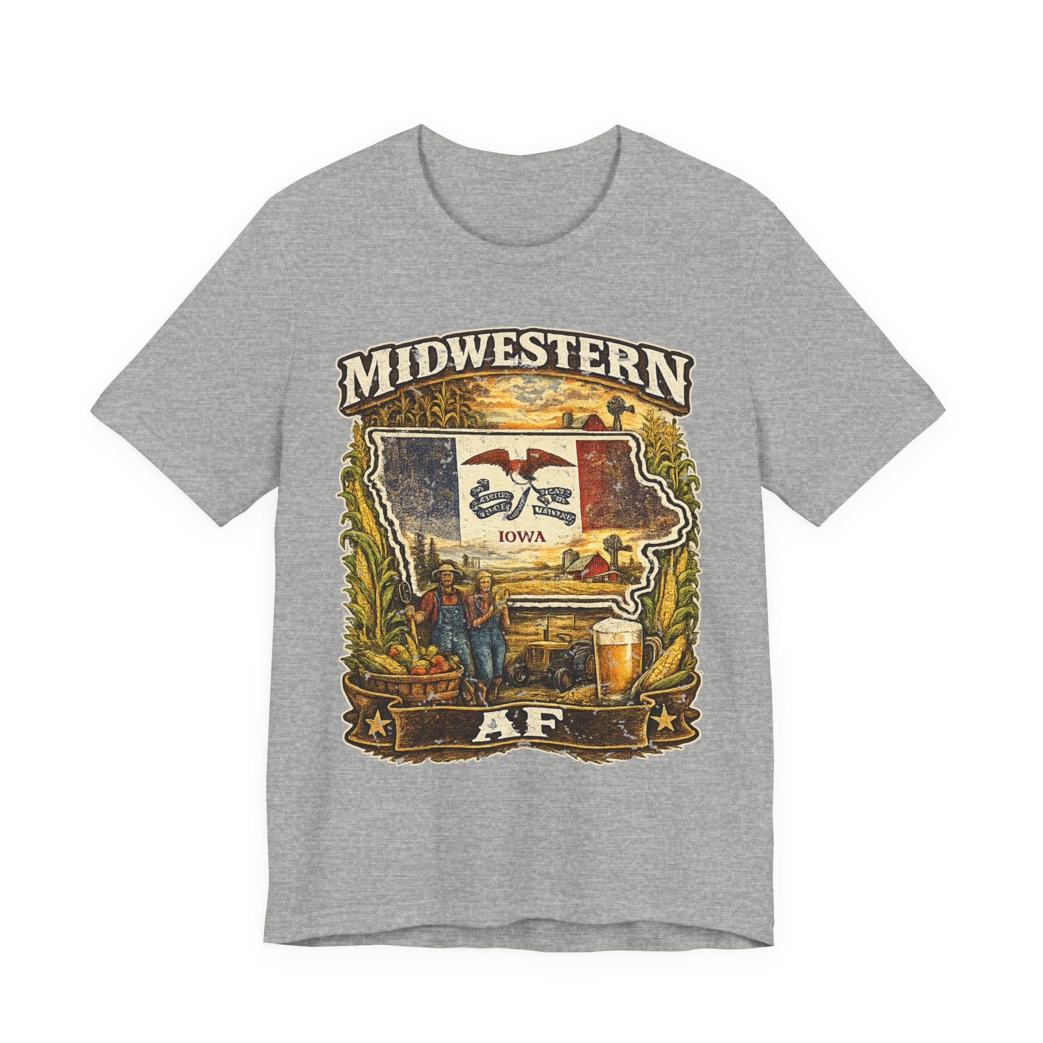 Family Friendly Midwestern AF Iowa T-Shirt in Athletic Heather – a distressed vintage design featuring the outline of Iowa overlaid with the Iowa state flag, surrounded by towering corn stalks, rolling farmland, a classic red barn, a windmill, a tractor, and an overflowing harvest basket