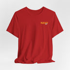 Navy veteran T-shirt in Red shown draped with the gold NAVY chest print