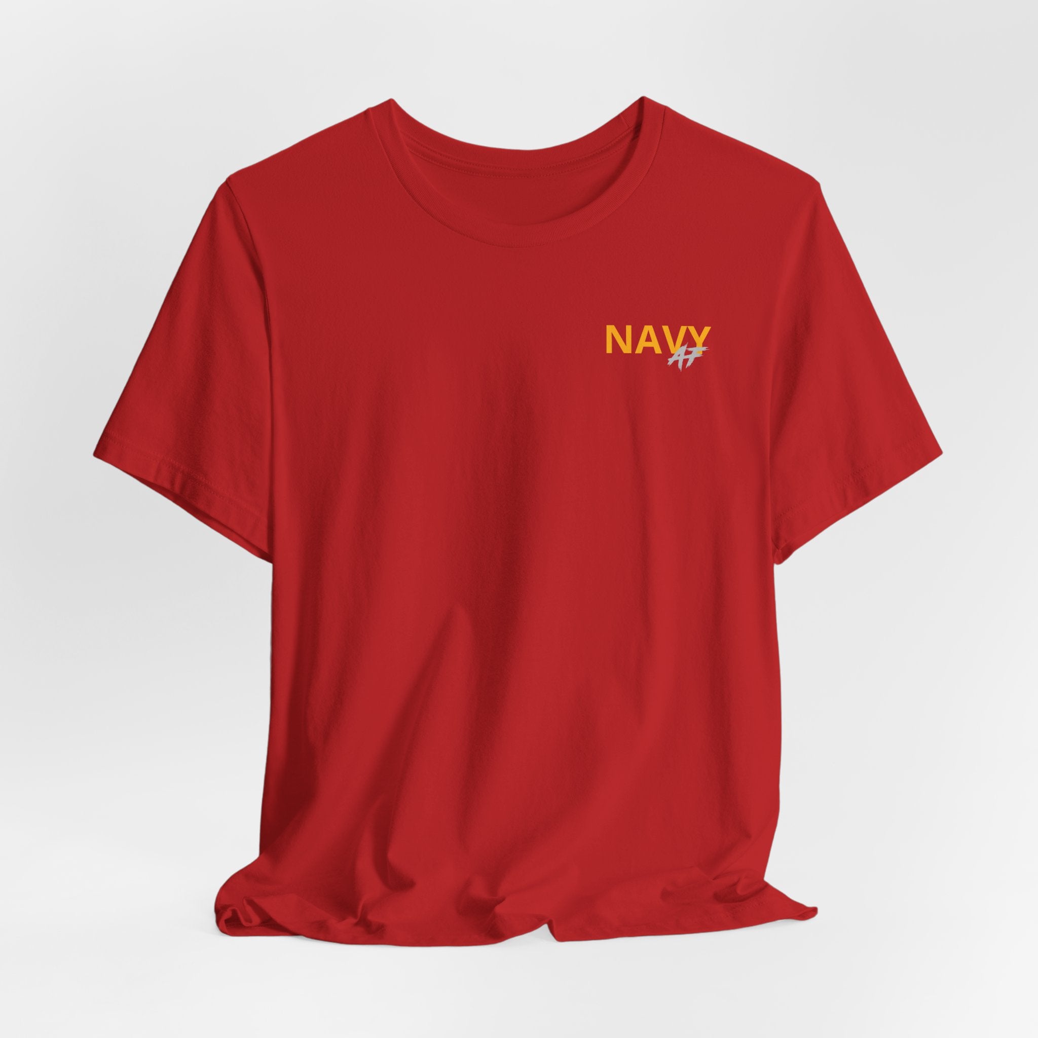 Navy veteran T-shirt in Red shown draped with the gold NAVY chest print