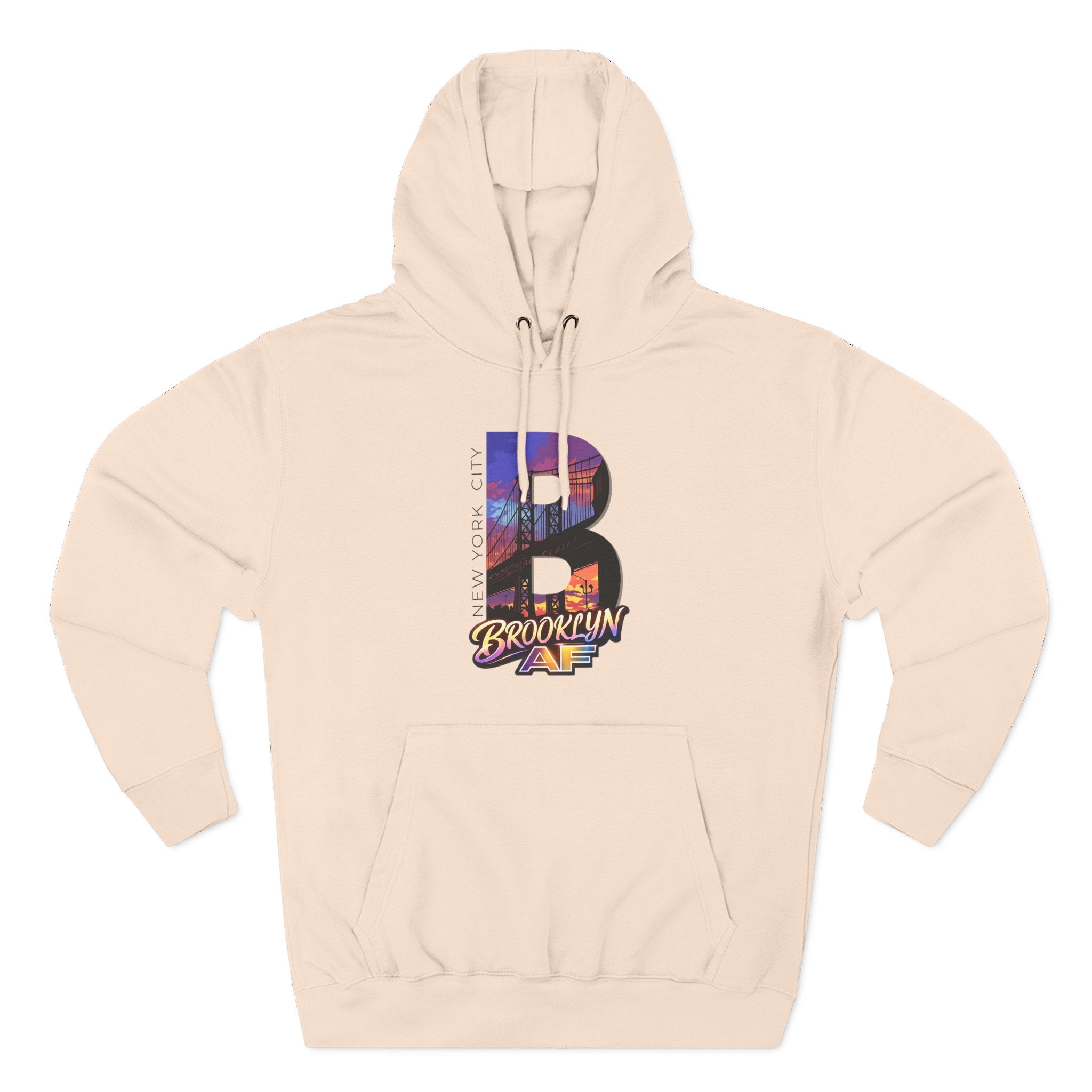 Oatmeal heather hoodie, flat lay front view, oversized B with a Brooklyn Bridge sunset skyline graphic and Brooklyn AF logo.