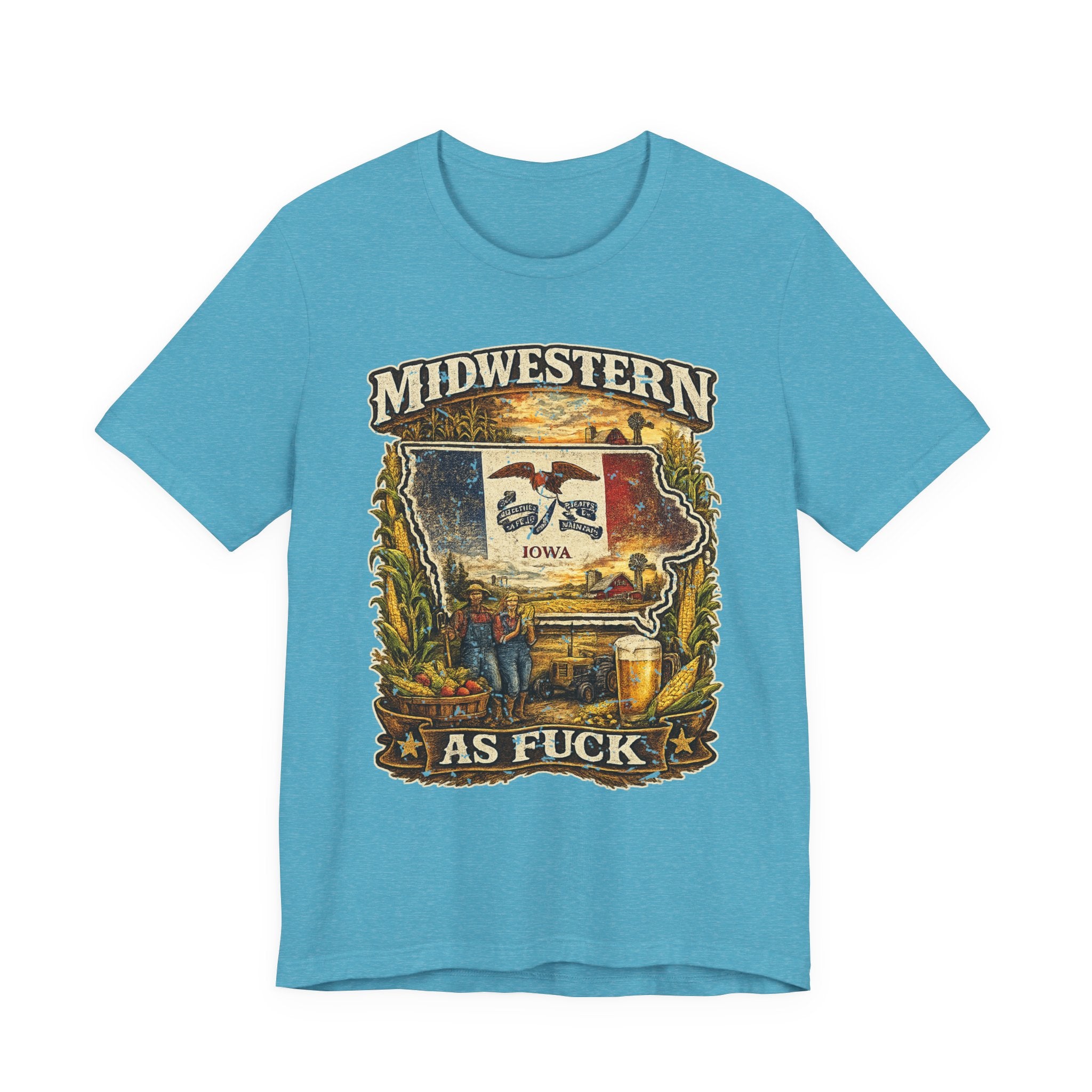 Midwestern As Fuck Iowa T-Shirt in Heather Aqua – a distressed vintage design featuring the outline of Iowa overlaid with the Iowa state flag, surrounded by towering corn stalks, rolling farmland, a classic red barn, a windmill, a tractor, and an overflowing harvest basket