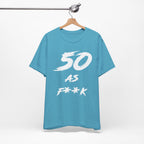 Heather Aqua birthday tee hanging on a hanger, white 50 AS F**K graphic facing front