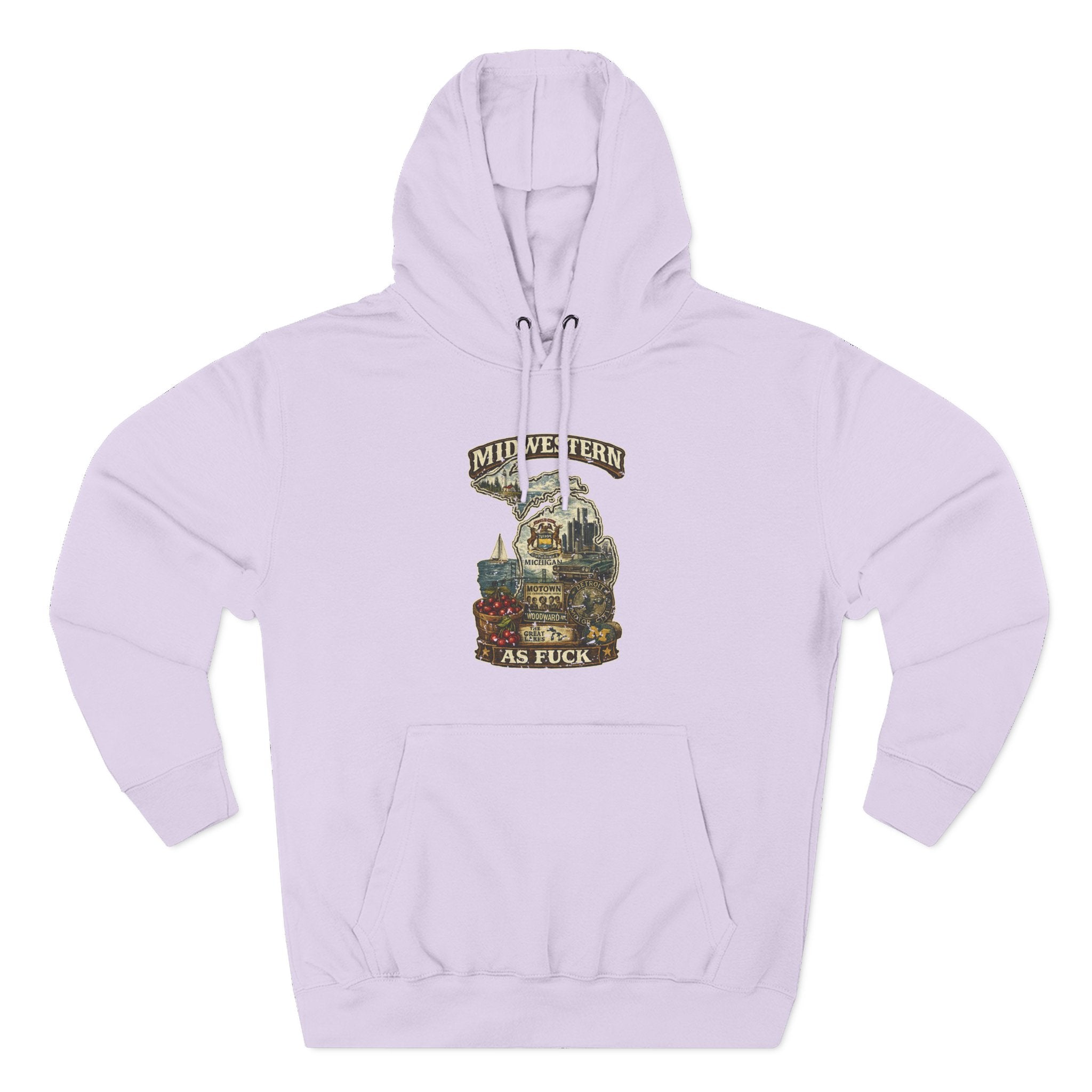 Midwestern As Fuck Michigan Hoodie in Lilac – a distressed vintage design featuring Michigan's Upper and Lower Peninsulas overlaid with the state outline, surrounded by Detroit's skyline, Woodward Avenue, the Great Lakes, and Traverse City cherries