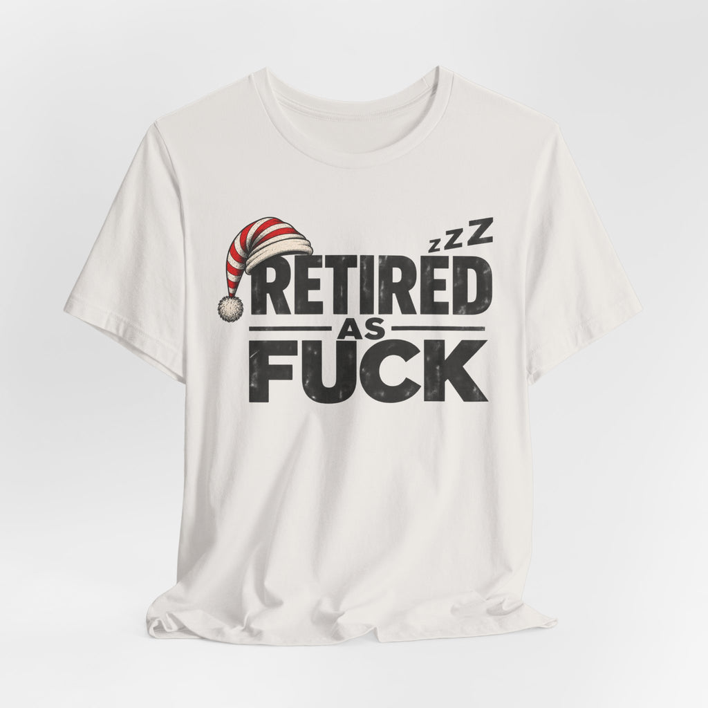 Vintage White Retired As Fuck tee draped, dark lettering on off-white fabric