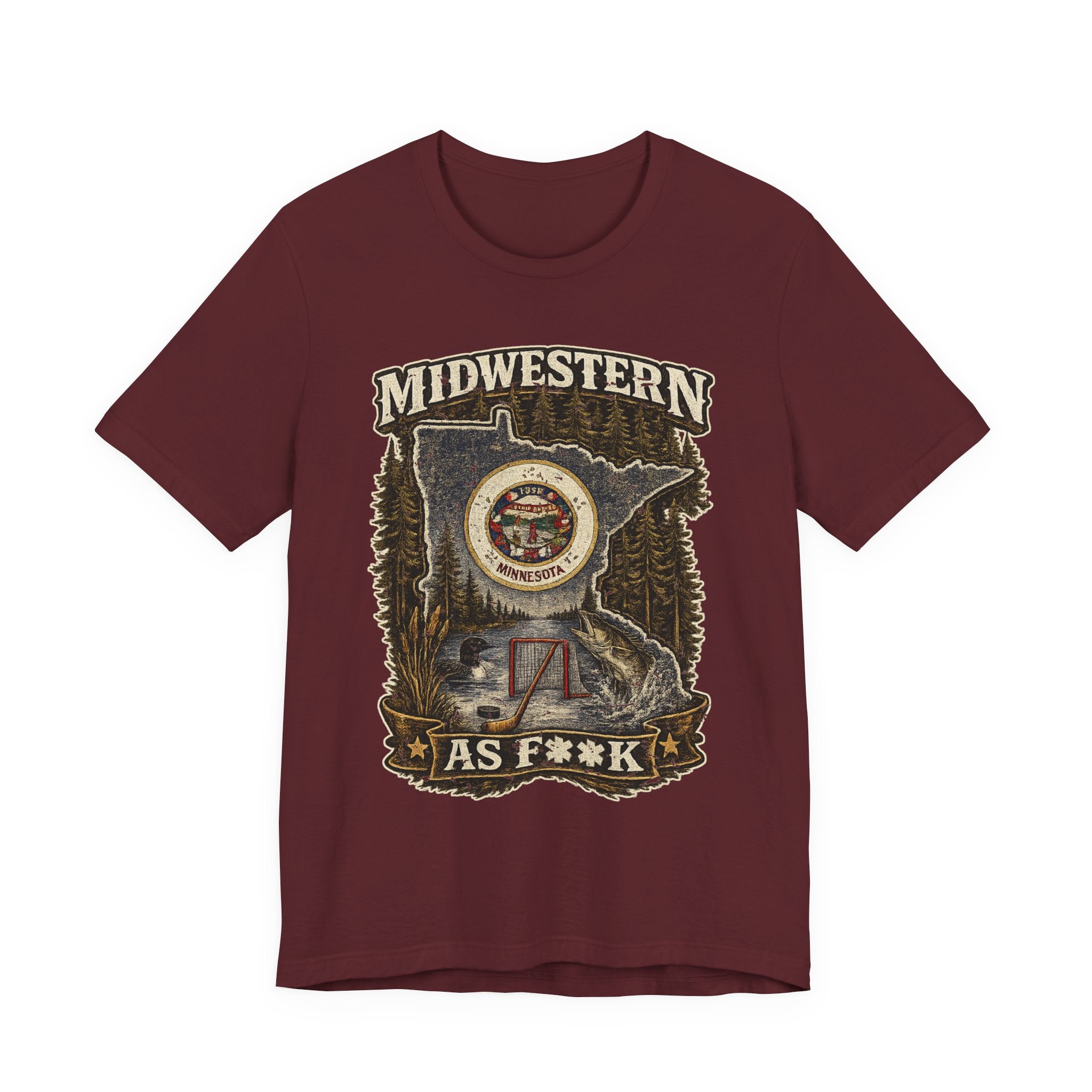 Slightly Salty Midwestern As F**K Minnesota T-Shirt in Maroon – distressed Minnesota state flag design with pine trees, loon and walleye