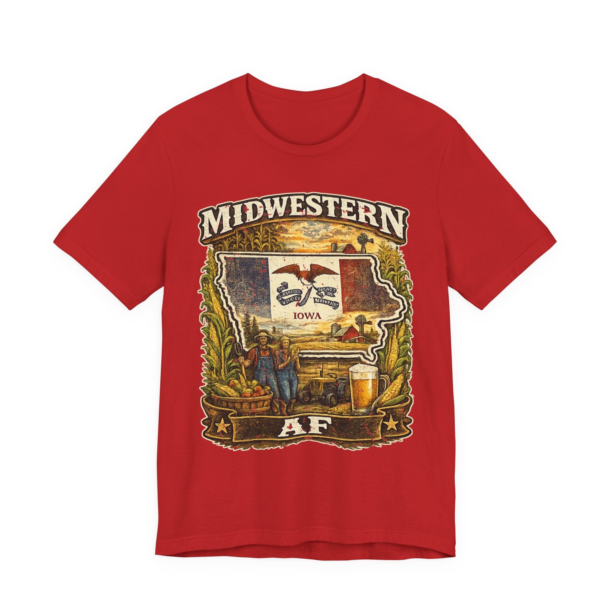 Family Friendly Midwestern AF Iowa T-Shirt in Red – a distressed vintage design featuring the outline of Iowa overlaid with the Iowa state flag, surrounded by towering corn stalks, rolling farmland, a classic red barn, a windmill, a tractor, and an overflowing harvest basket