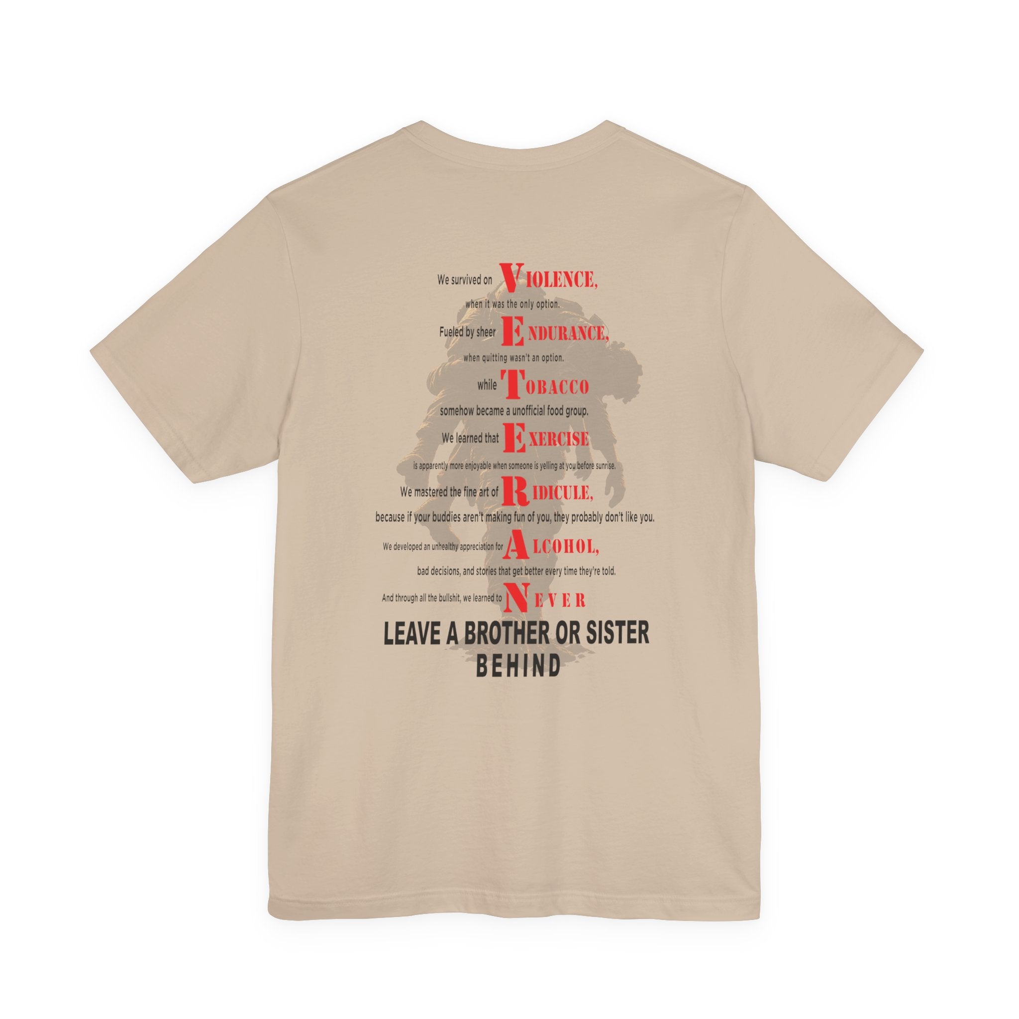 Marine veteran tee in Tan with the VETERAN acrostic back print over a Marine carrying a wounded comrade