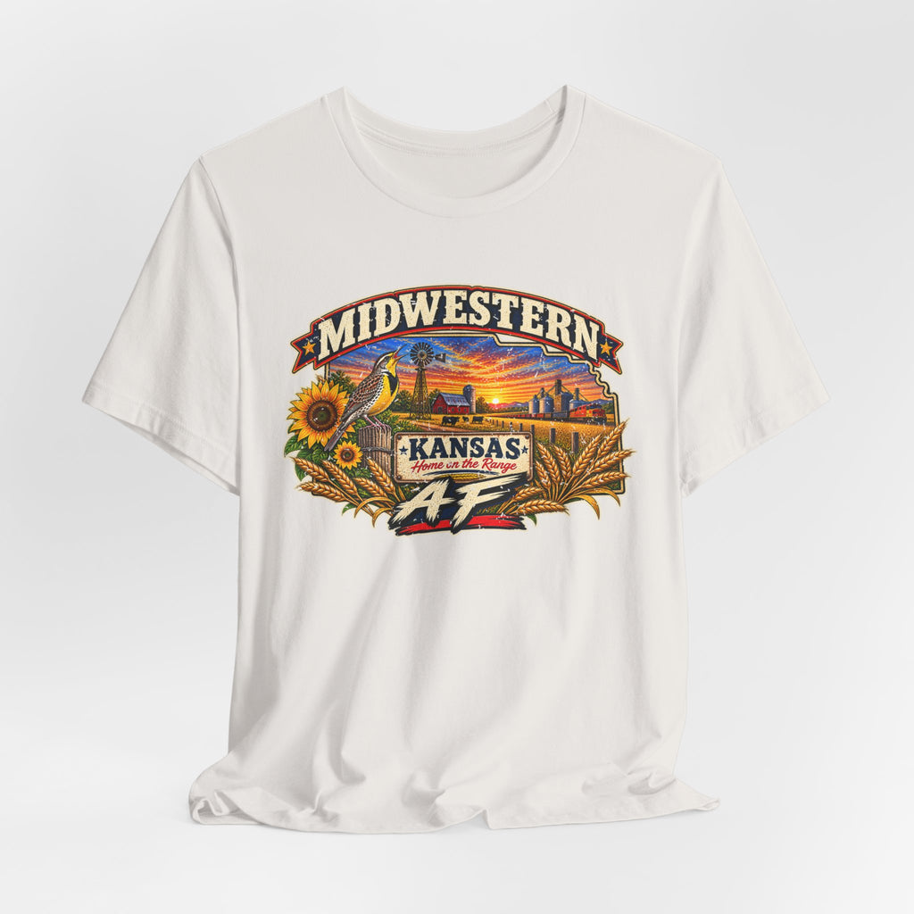 Natural vintage white Kansas AF T-shirt draped flat with the aged print