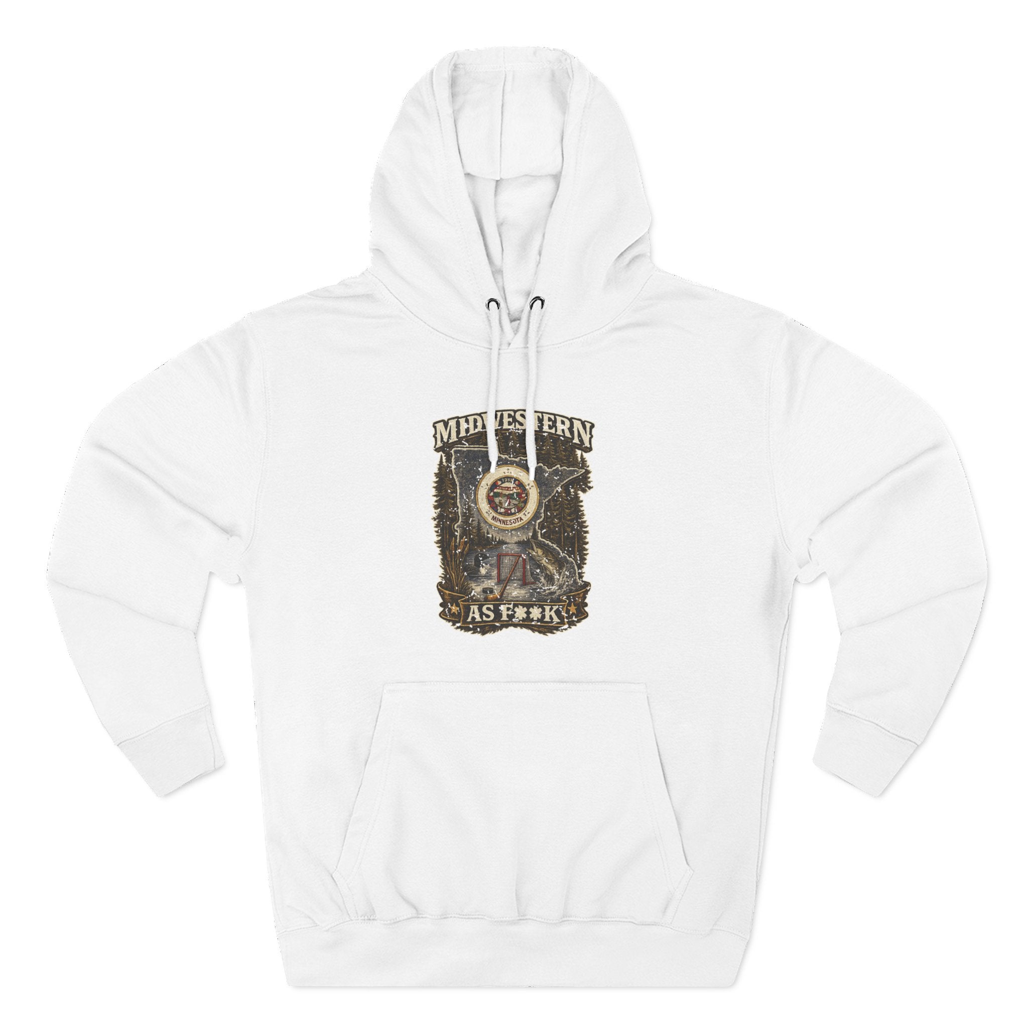Slightly Salty Midwestern As F**K Minnesota Hoodie in White – distressed Minnesota state flag design with pine trees, loon and walleye