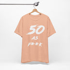Heather Peach birthday t-shirt on a wooden hanger showing the white 50 AS F**K print