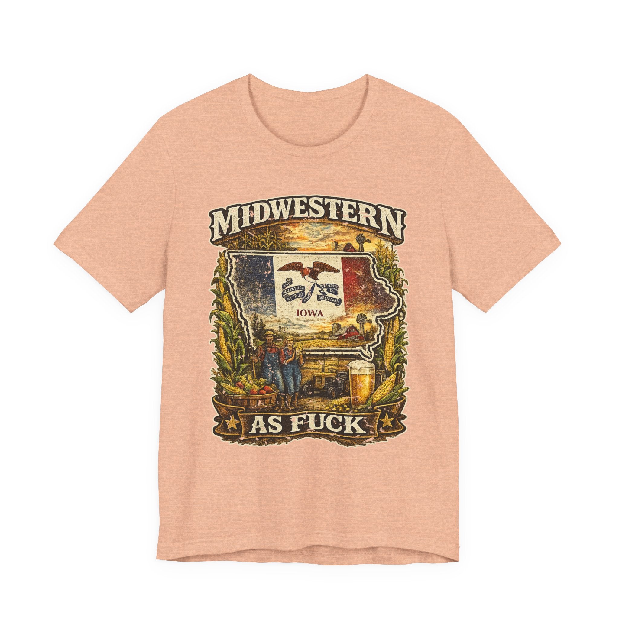 Midwestern As Fuck Iowa T-Shirt in Heather Peach – a distressed vintage design featuring the outline of Iowa overlaid with the Iowa state flag, surrounded by towering corn stalks, rolling farmland, a classic red barn, a windmill, a tractor, and an overflowing harvest basket