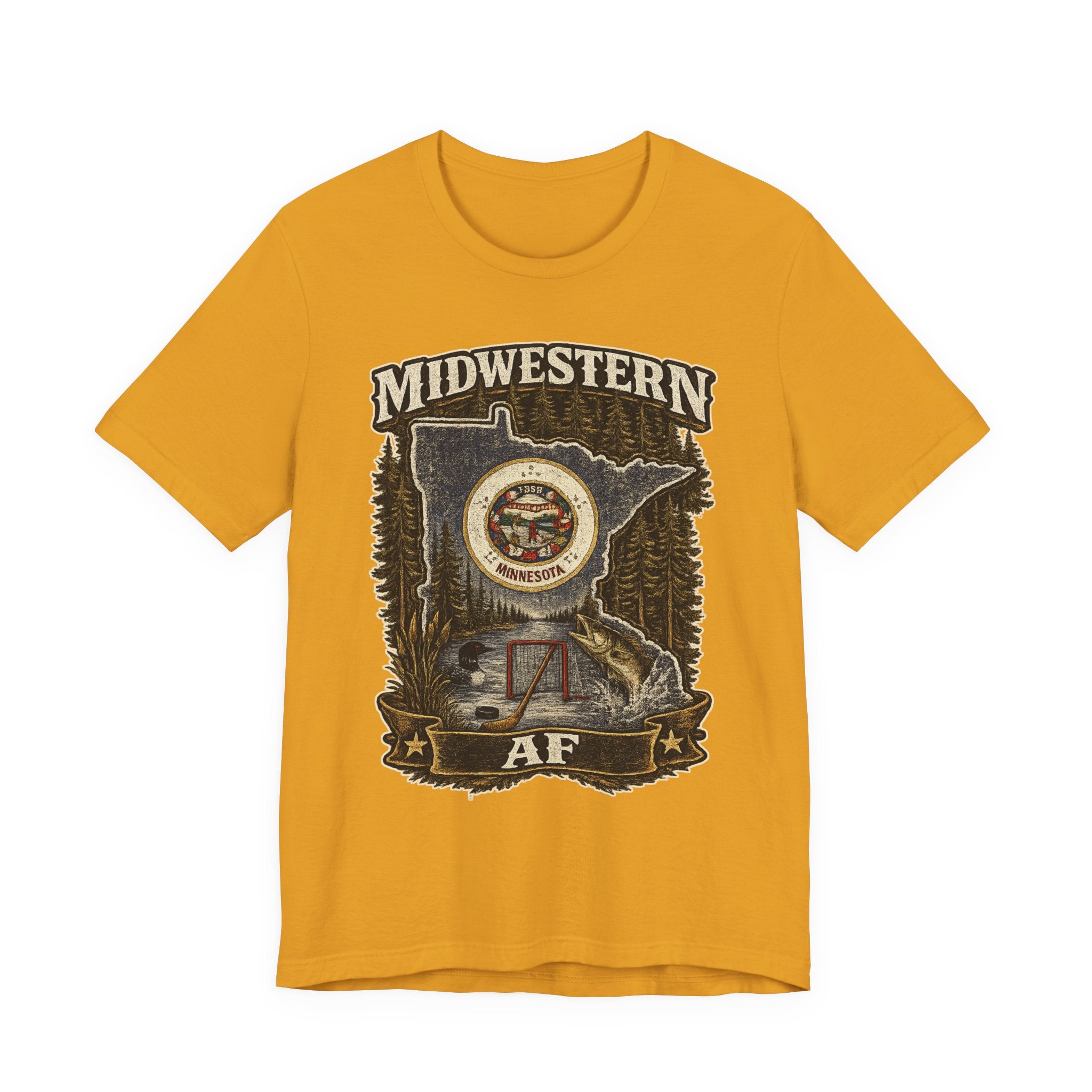 Family Friendly Midwestern AF Minnesota T-Shirt in Mustard – distressed Minnesota state flag design with pine trees, loon and walleye