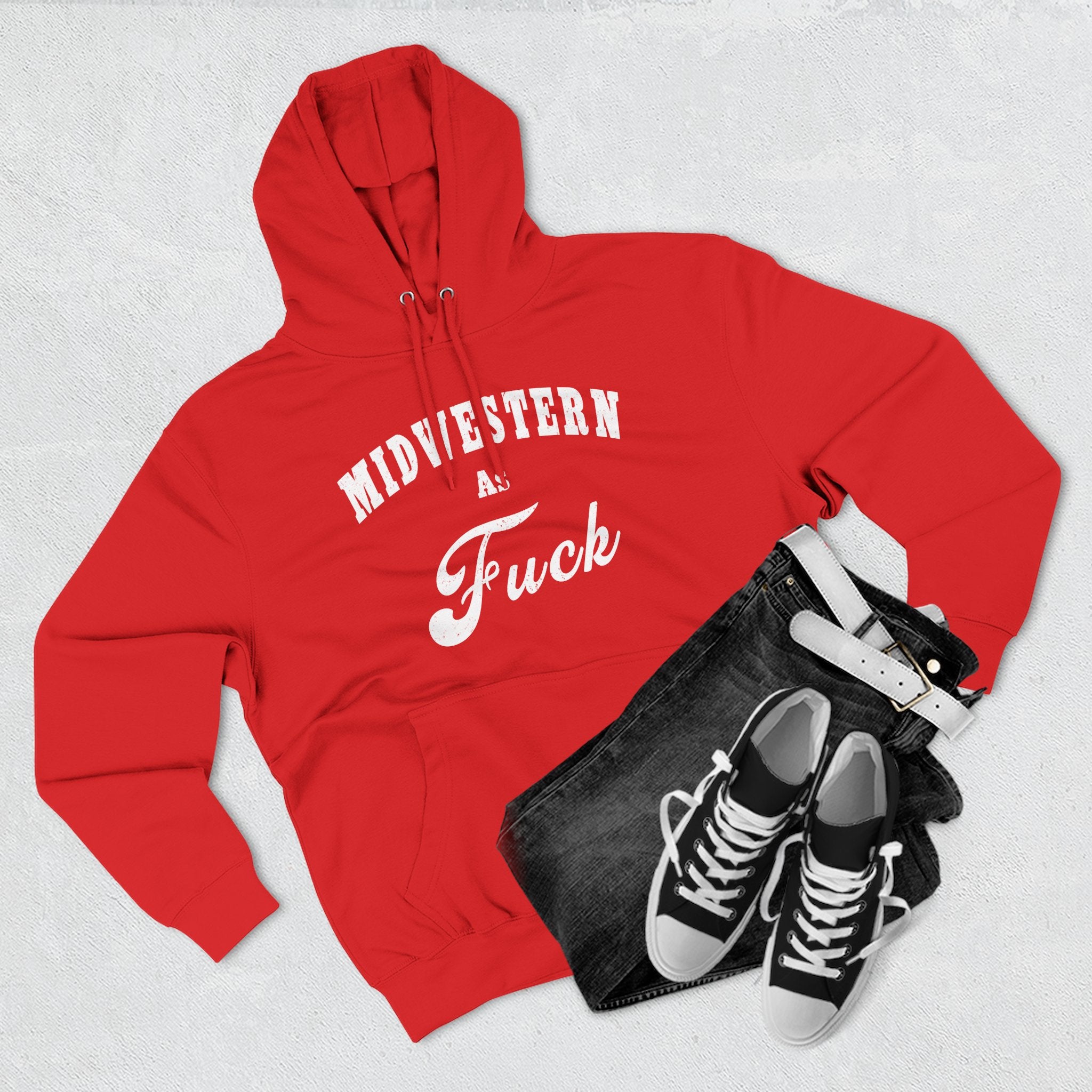 Midwestern As Fuck Hoodie in Red styled with black jeans and sneakers – Lane Seven fleece pullover outfit, Anything AF