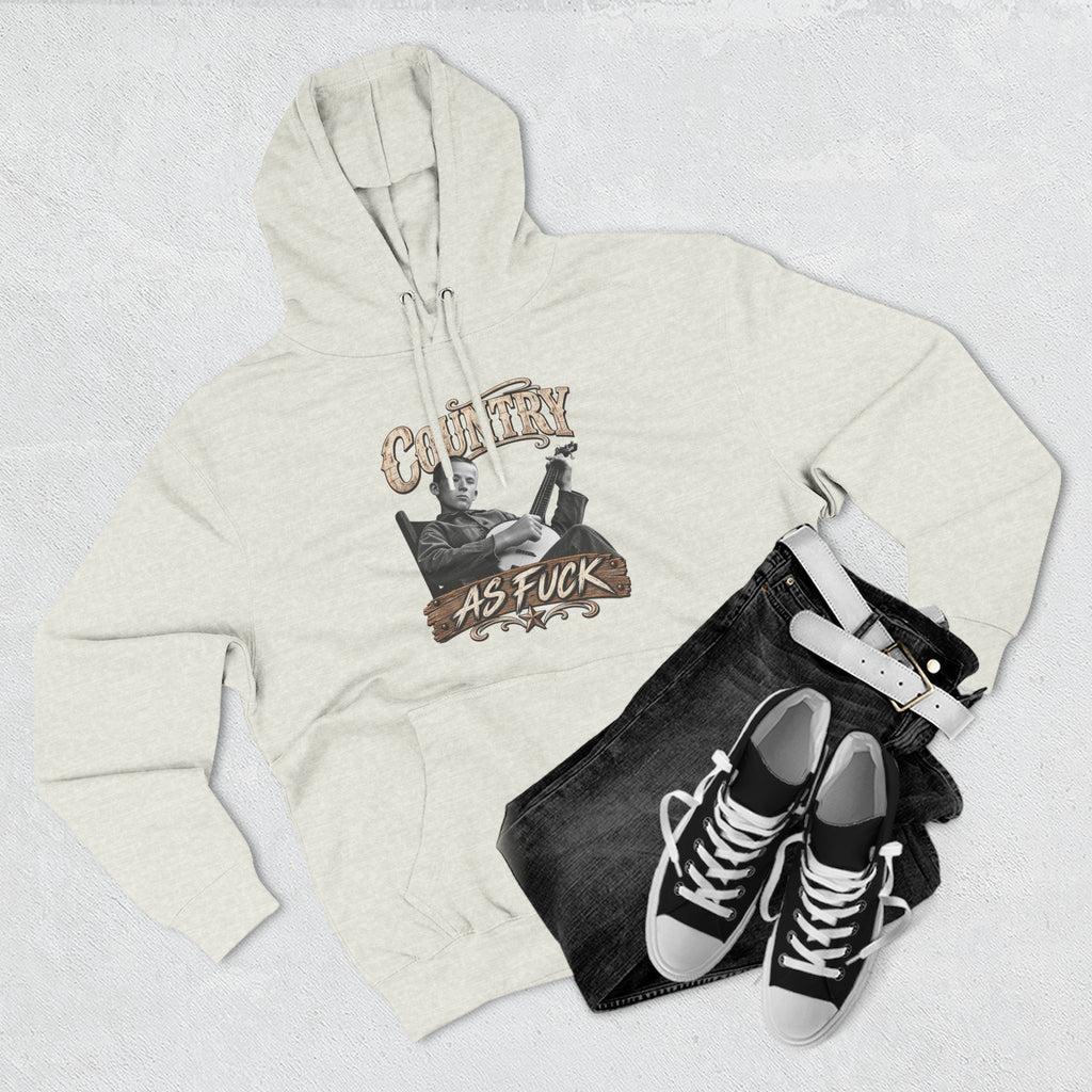 Oatmeal Heather Country As Fuck hoodie styled flat with black sneakers