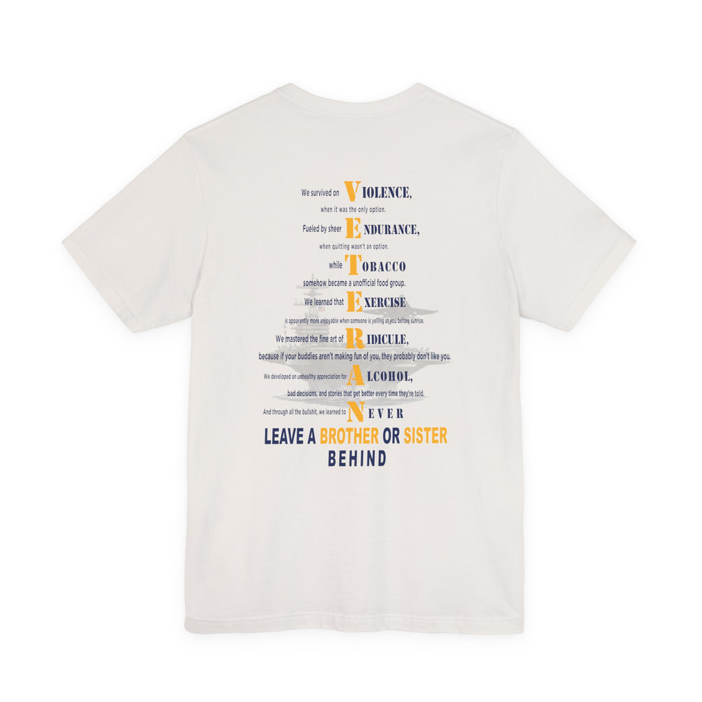 Navy veteran tee in Vintage White, VETERAN acrostic back print over a faded aircraft carrier