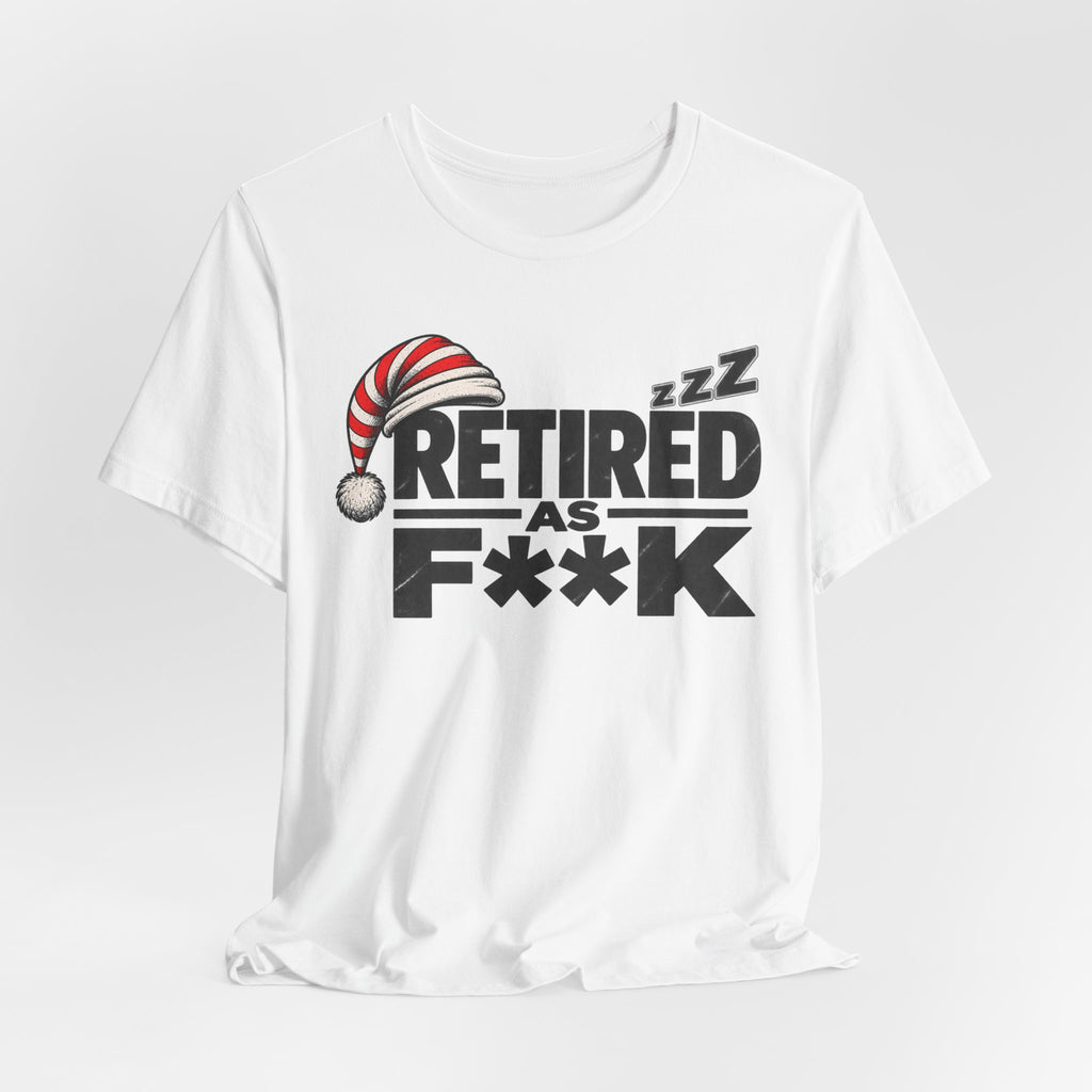 White Retired As F**K tee draped and gathered, the censored lettering in dark grey
