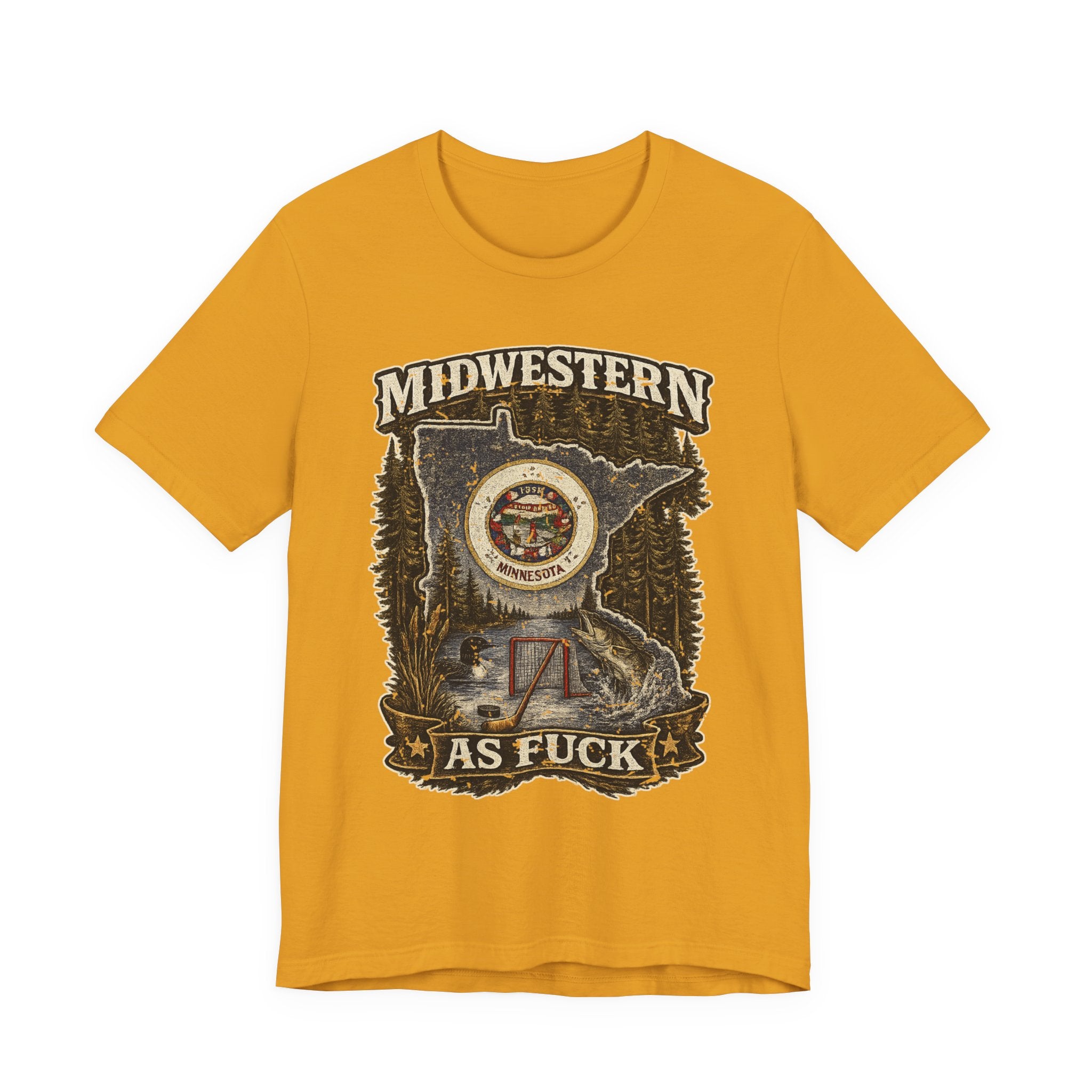 No Filter Midwestern As Fuck Minnesota T-Shirt in Mustard – distressed Minnesota state flag design with pine trees, loon and walleye