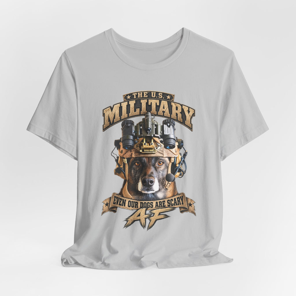 Military K-9 T-shirt in Solid Athletic Grey shown draped with the working dog front print