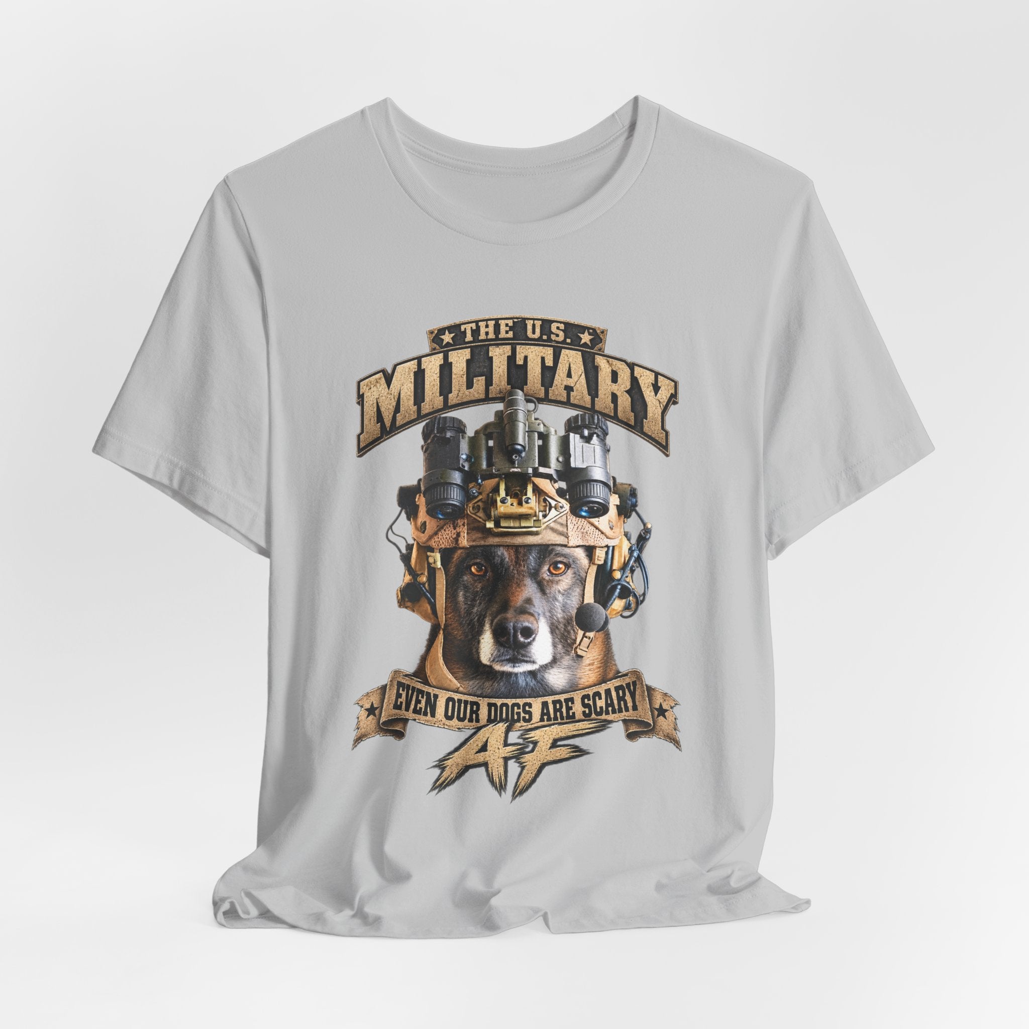 Military K-9 T-shirt in Solid Athletic Grey shown draped with the working dog front print