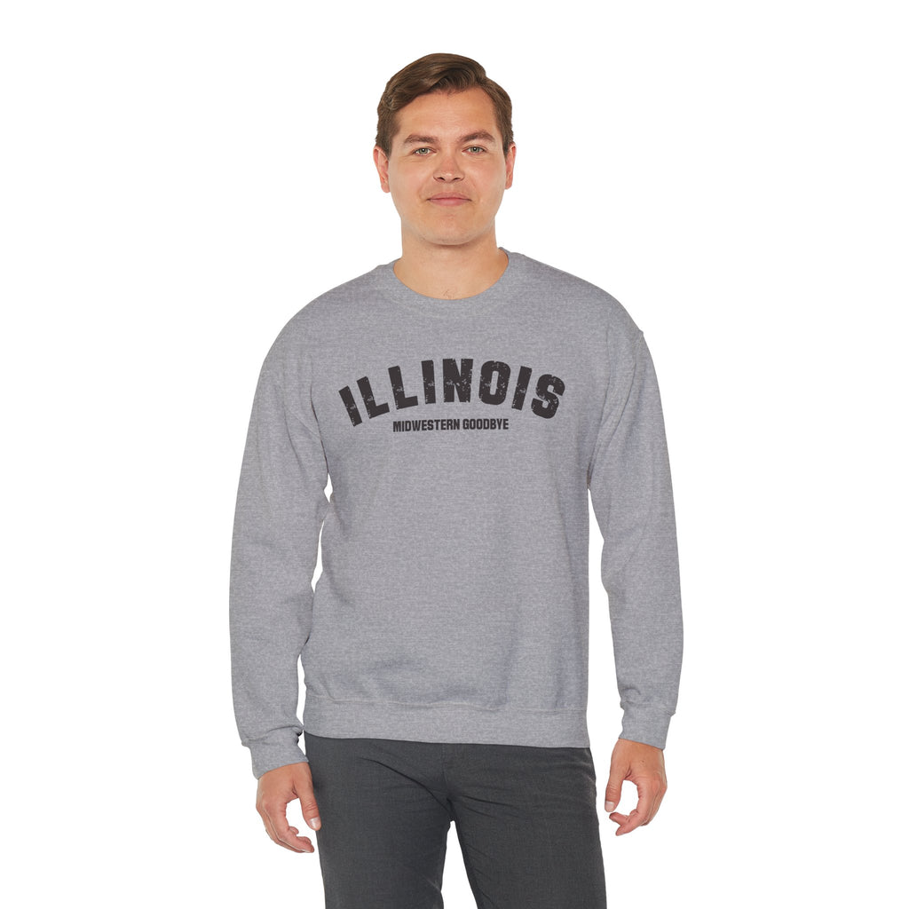 Man in a Sport Grey custom Illinois crewneck, charcoal ILLINOIS above a personalized text line