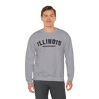 Man in a Sport Grey custom Illinois crewneck, charcoal ILLINOIS above a personalized text line