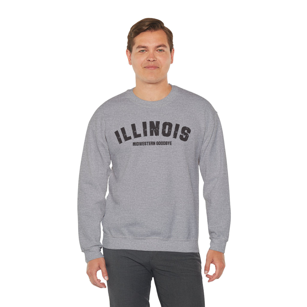 Man in a Sport Grey custom Illinois crewneck, charcoal ILLINOIS above a personalized text line